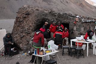 20 Setting Up Breakfast In Cold -8C Weather Next To The Muleteers At Casa de Piedra Before Trekking To Aconcagua Plaza Argentina Base Camp.jpg